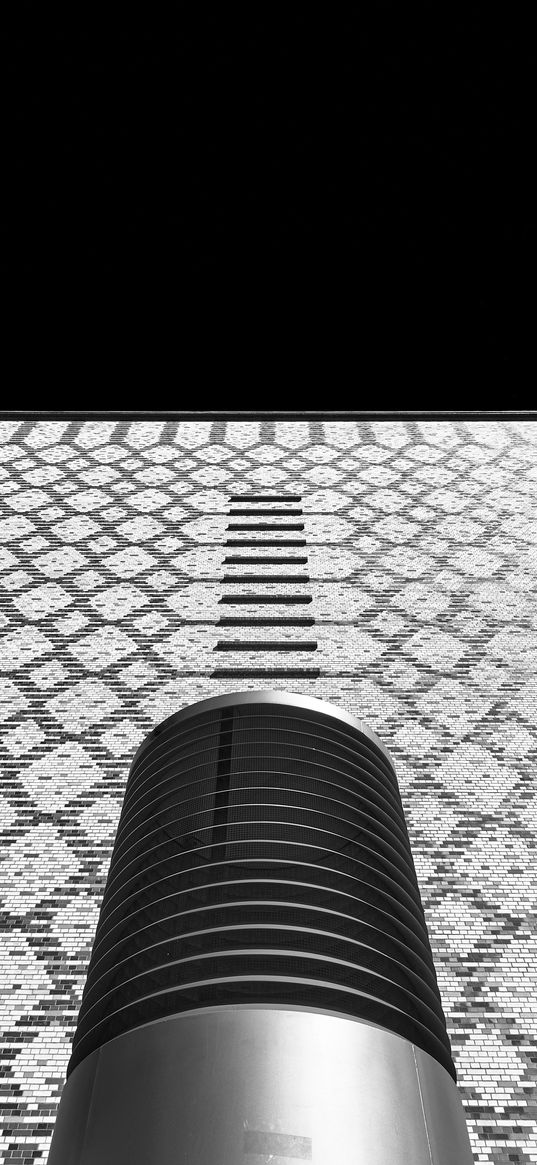 building, facade, pipes, bottom view, black and white