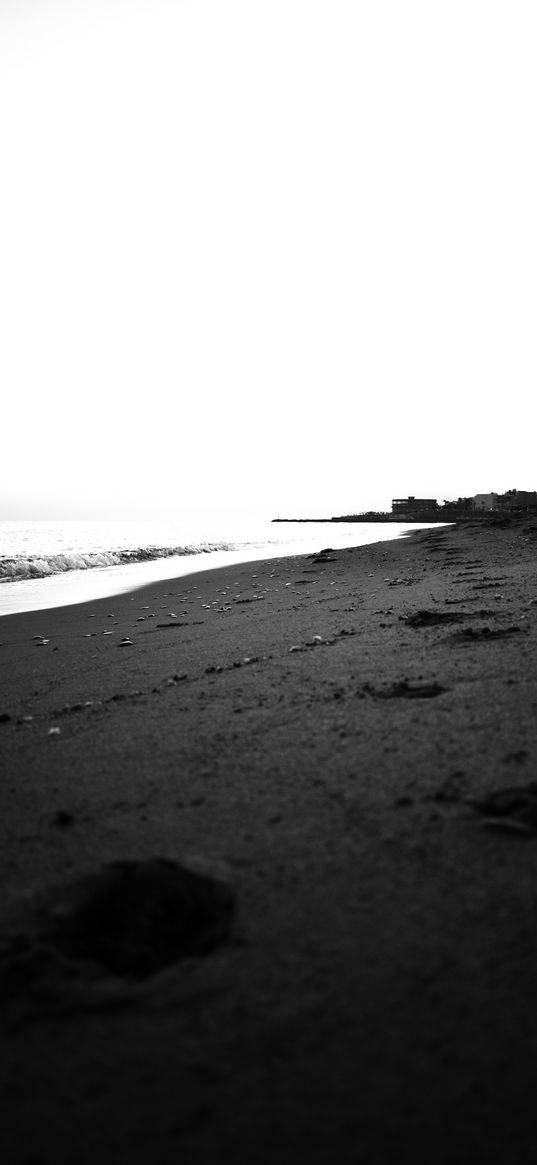 beach, sand, footprints, sea, city, black and white