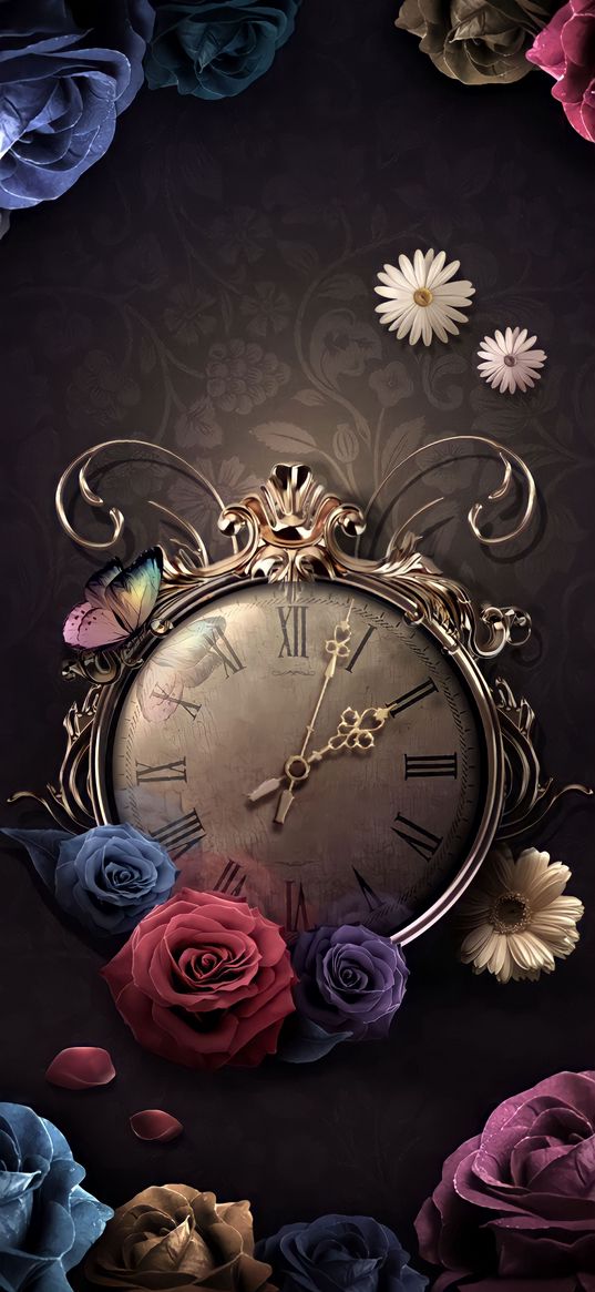 clock, flowers, dark background, vintage, art