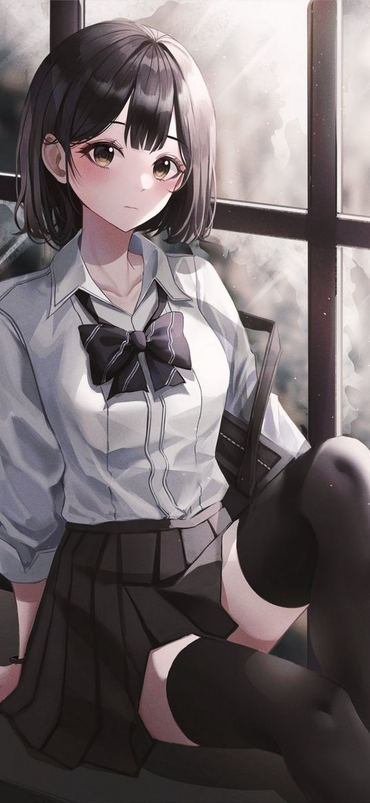 girl, anime, art, schoolgirl, uniform, window