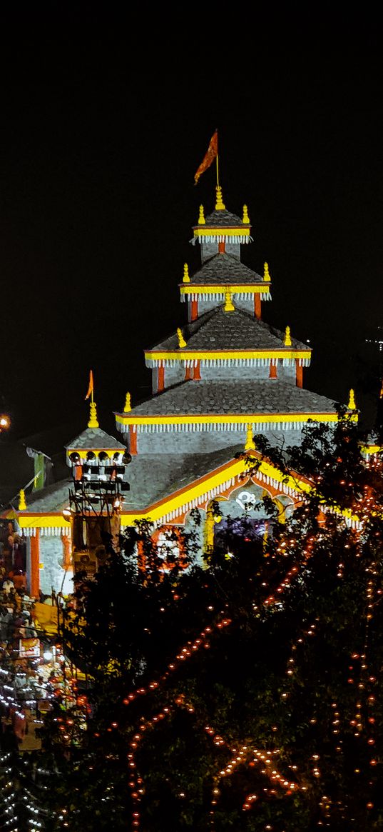 temple, trees, garlands, lights, night, city