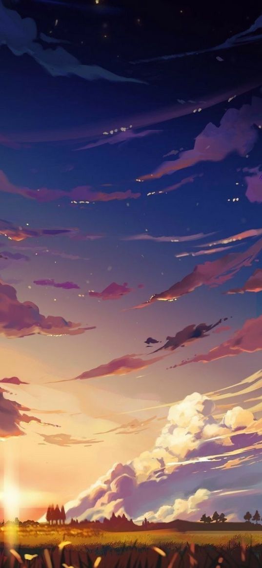 nature, sky, clouds, sunset, sunrise, night sky, stars, landscape, anime, art