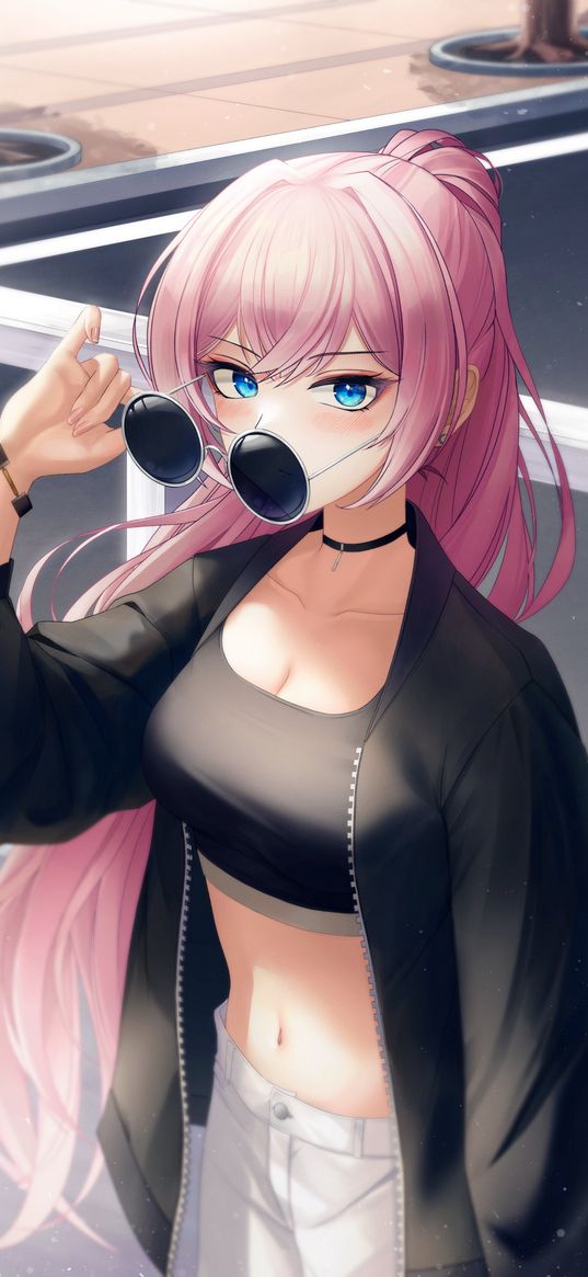 girl, blue eyes, pink hair, glasses, top, jacket, beautiful, cool, street, anime, art