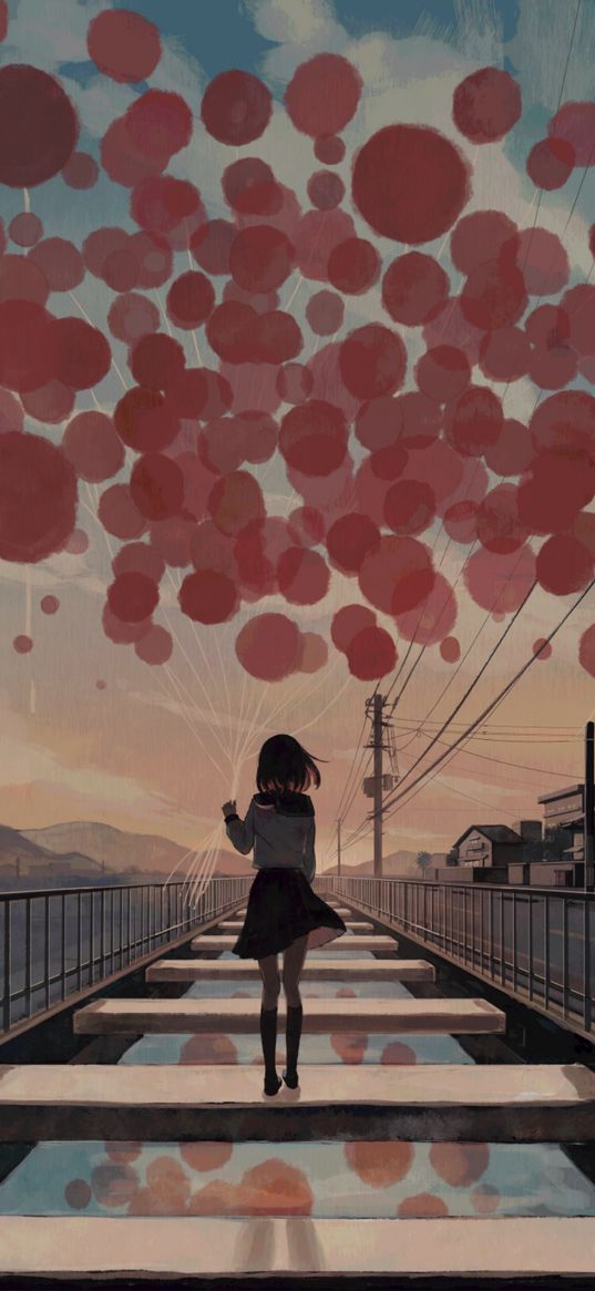 schoolgirl, girl, balls, steps, bridge, street, sunset, fantasy, anime, art