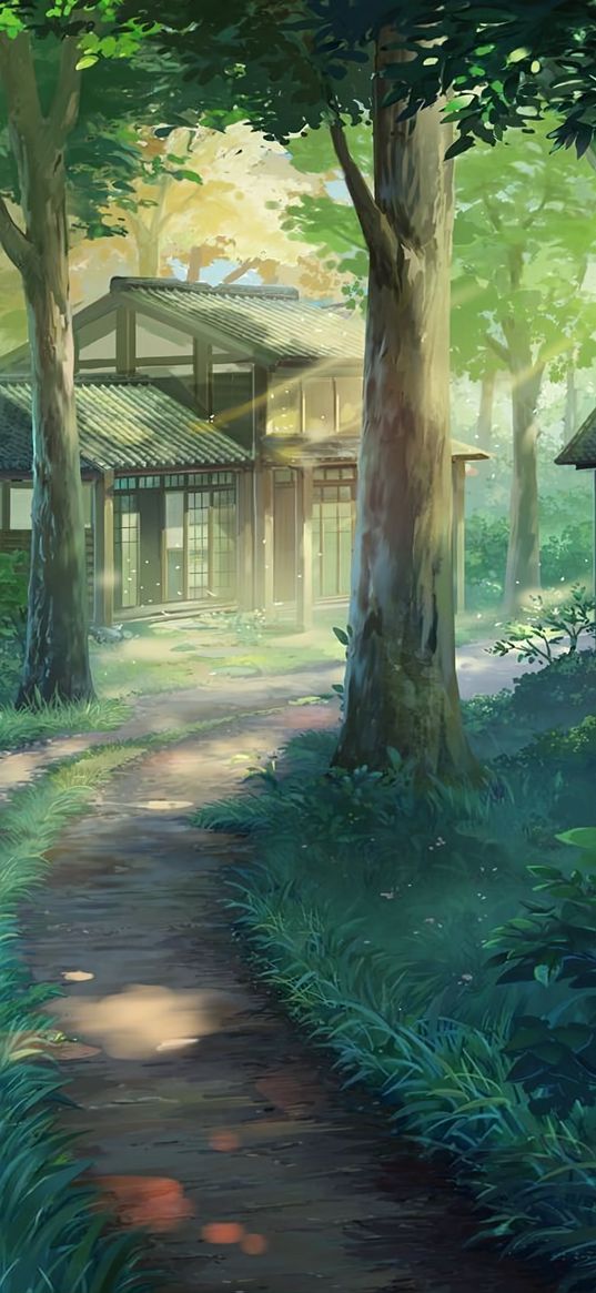 path, houses, village, summer, forest, morning, anime, art