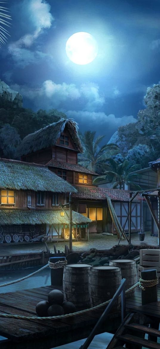 pier, houses, village, jungle moon, night, anime, art