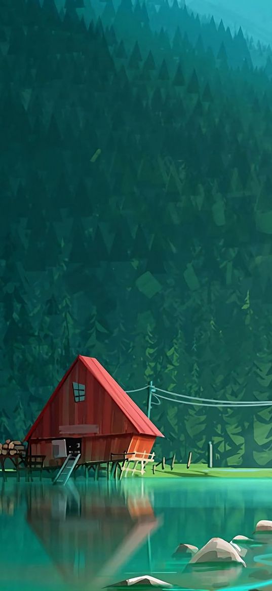 house, lonely, lake, christmas trees, trees, forest, hill, mountain, green, nature, art