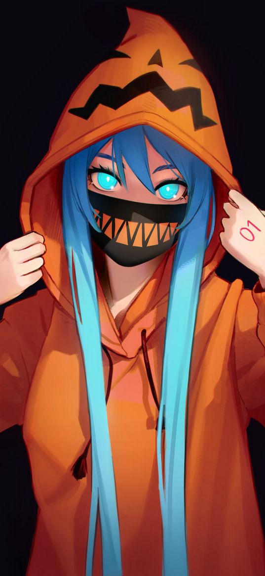 miku hatsune, vocaloid, anime, girl, blue hair, mask, hoodie, pumpkin, halloween, orange, black background, art