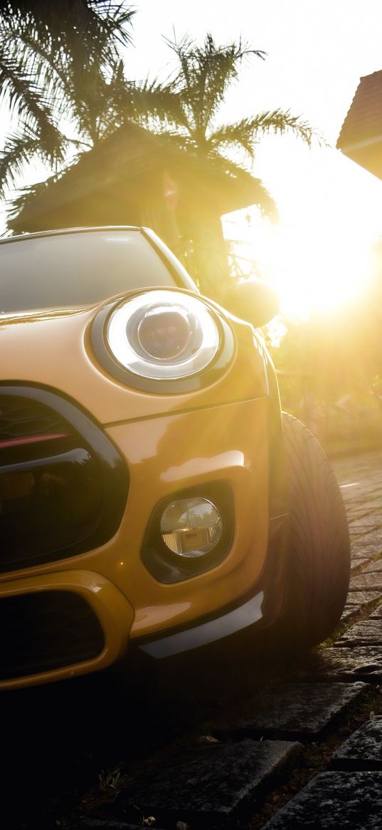 mini cooper, car, orange, sunset