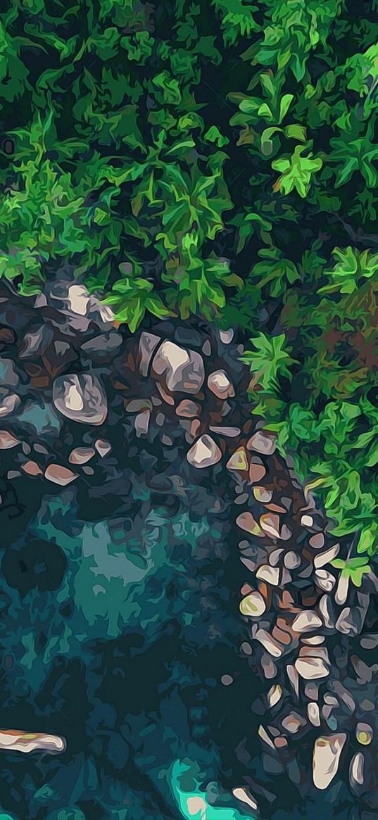 water, stones, greenery, art