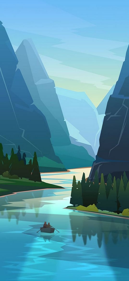 river, boat, mountains, forest, art