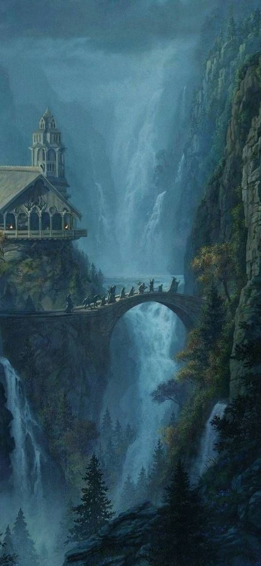 the lord of the rings, book, movie, characters, bridge, castle, waterfall, art