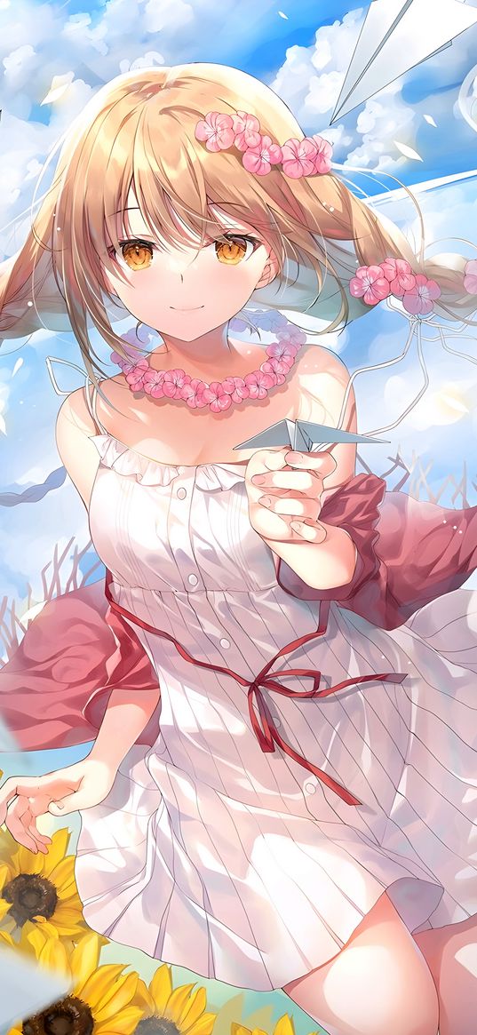 girl, anime, art, paper airplanes, sunflowers, sky