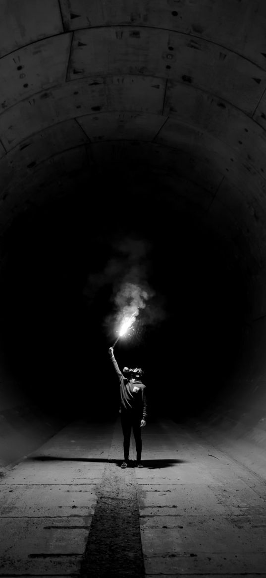 man, lonely, gas mask, signal light, torch, tunnel, darkness, black and white