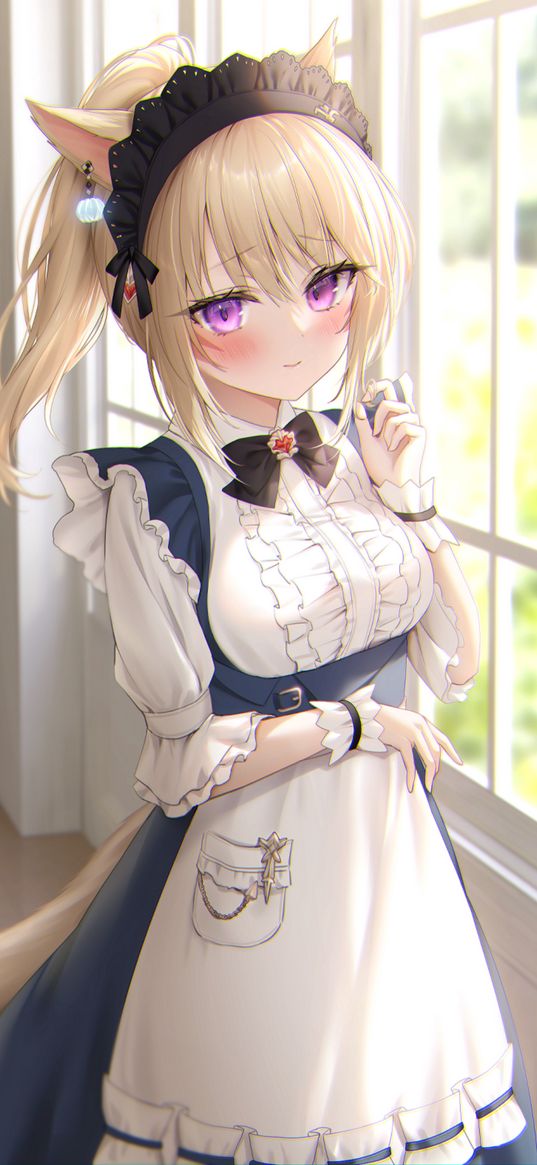 neko, maid, girl, blonde, purple eyes, beautiful, cute, dress, window, house, anime, art