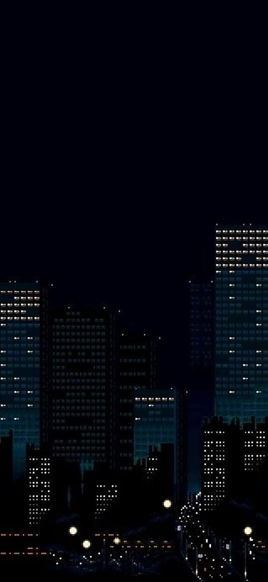 skyscrapers, houses, street, lights, city, night, pixel art