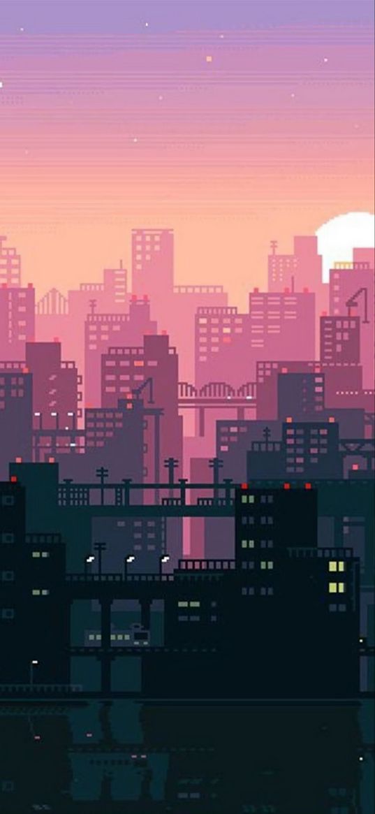 skyscrapers, buildings, houses, lights, city, sun, sunset, pink, purple, evening, pixel art