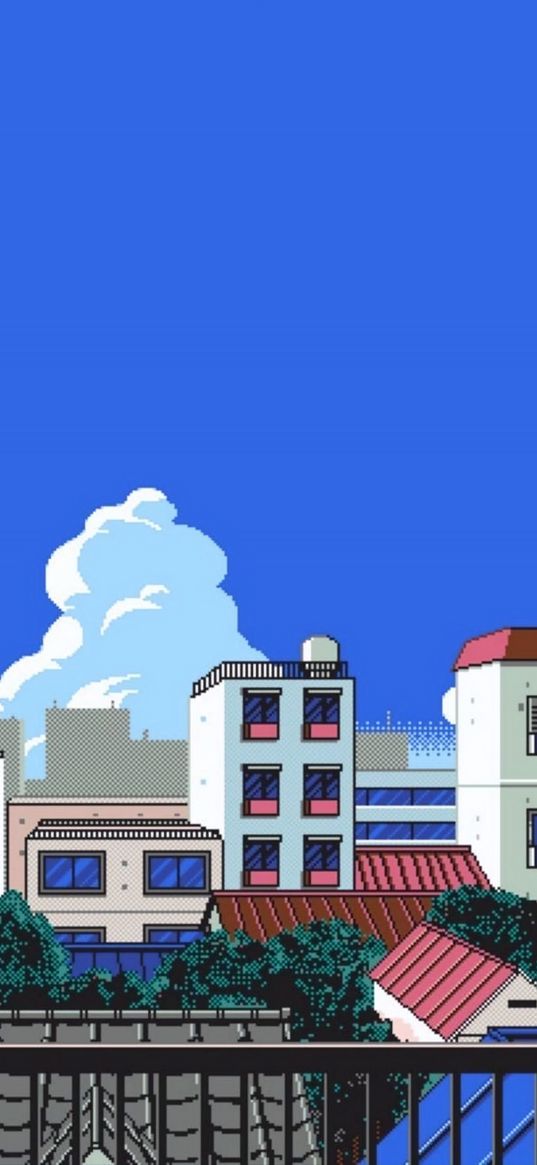 balcony, houses, buildings, street, city, clouds, blue sky, pixel art