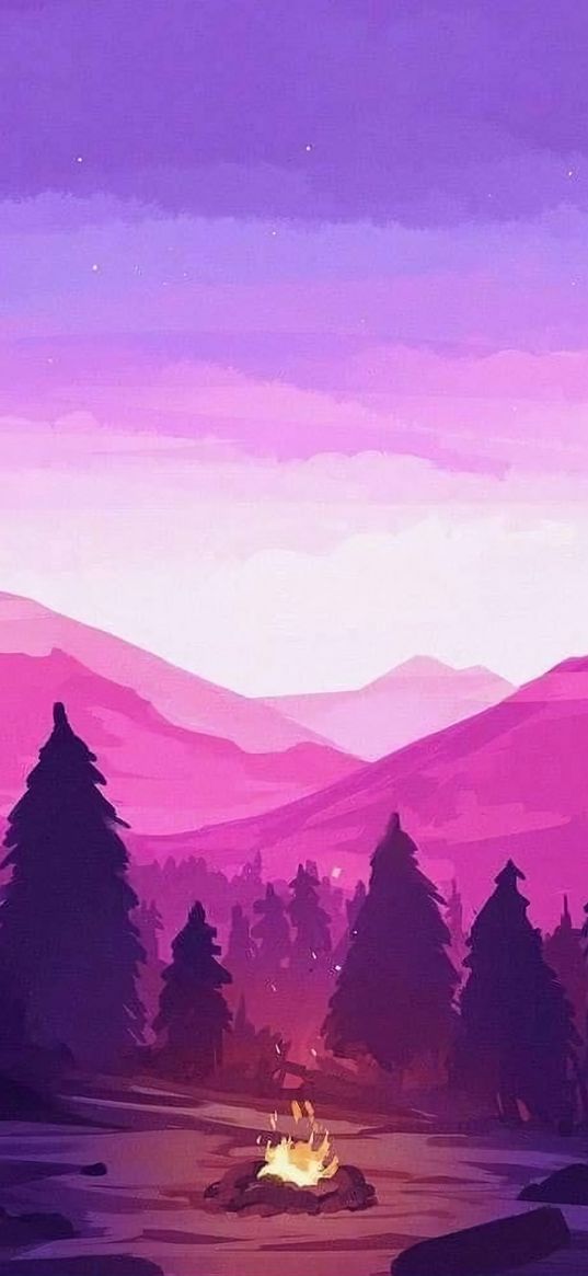 bonfire, camping, christmas trees, forest, mountains, sunset, evening, purple, pink, nature, art