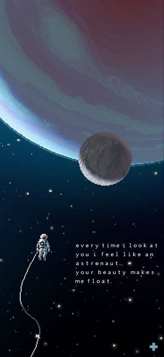 cosmonaut, moon, planet, stars, cosmos, text, quote, pixel art