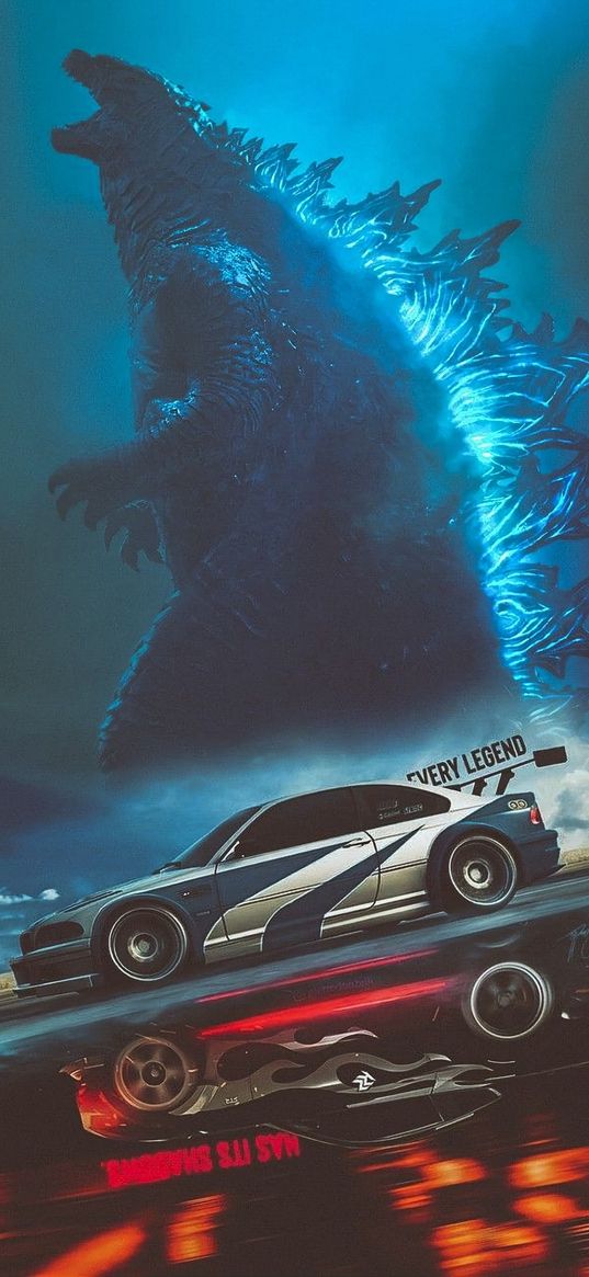 bmw, sports car, car, godzilla, monster, art