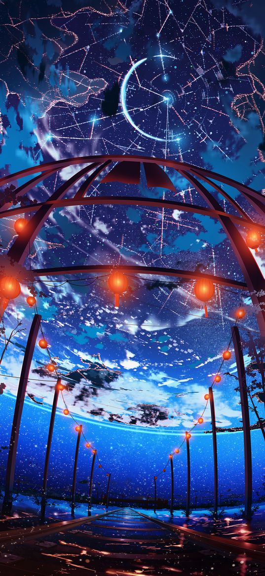 railway, water, gates, lanterns, planet, lights, fantasy, anime, art