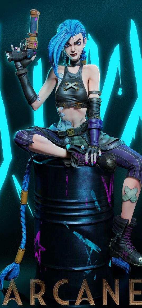 jinx, league of legends, arcane, anime, girl, game, art, tattoo, weapon, barrel