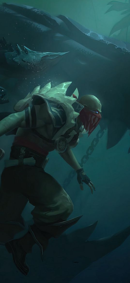 pyke, league of legends, game, character, shark, art