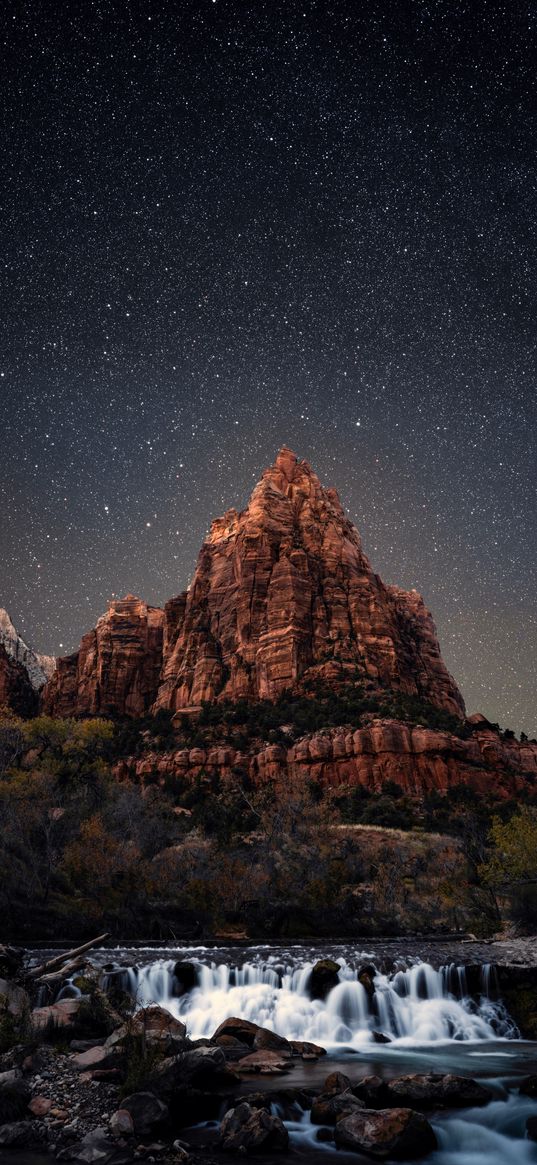 mountain, river, trees, starry sky