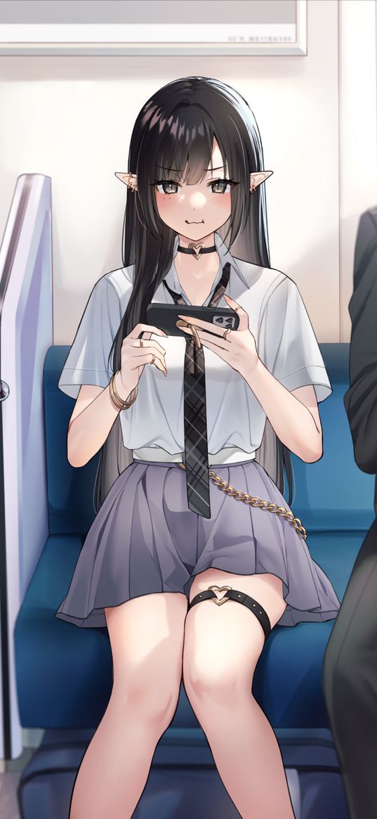 girl, anime, art, elf, phone, subway