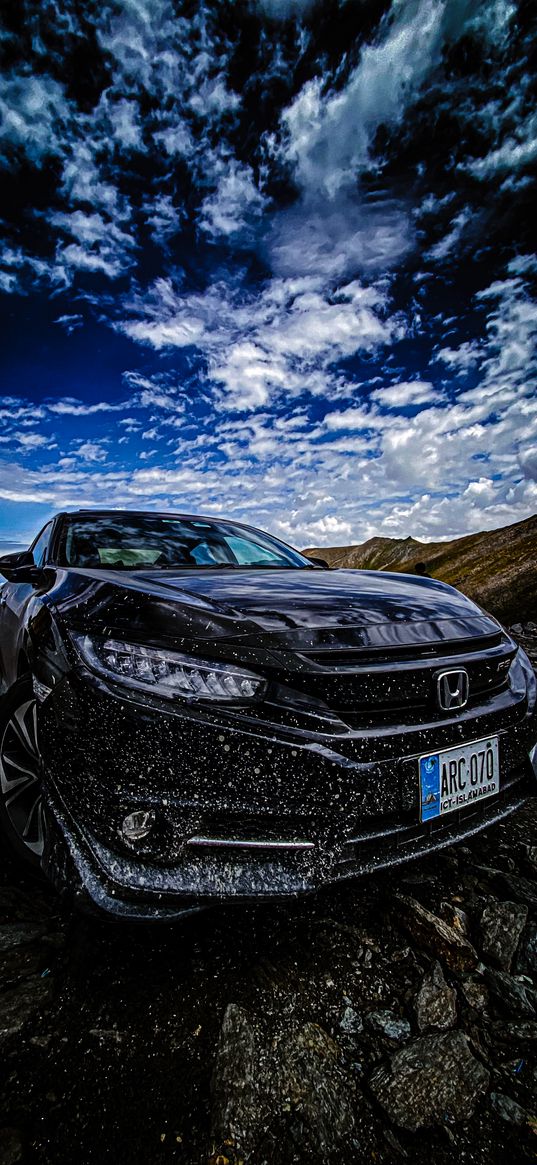 honda civic, honda, car, black, nature, sky, clouds