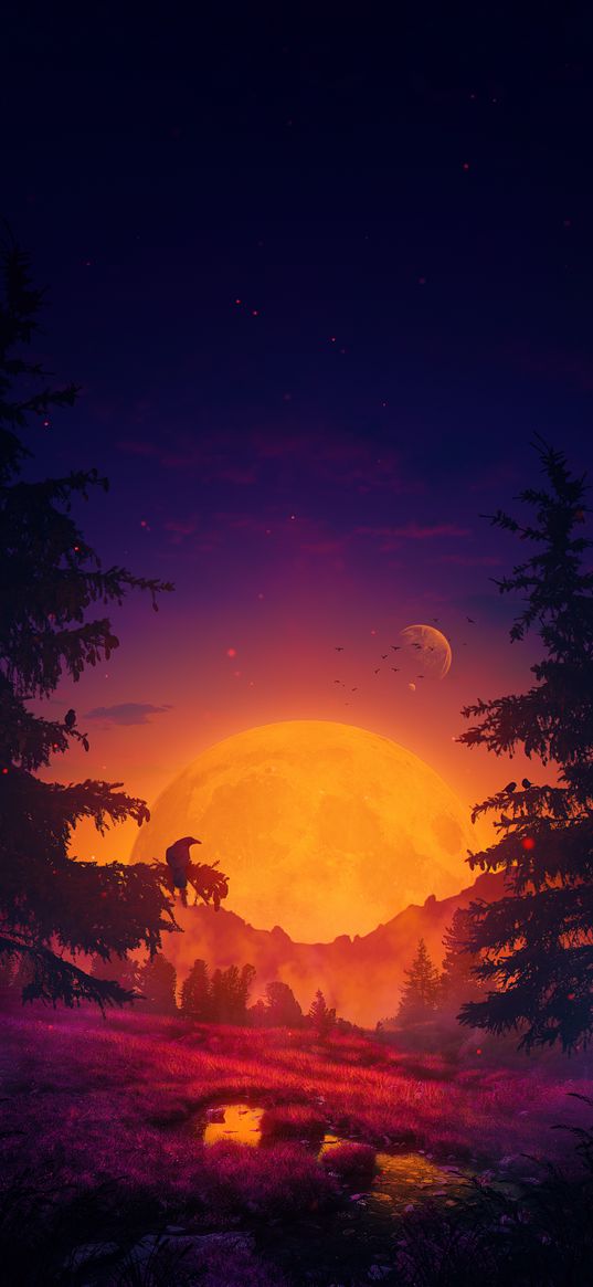 moon, mountains, birds, trees, dark