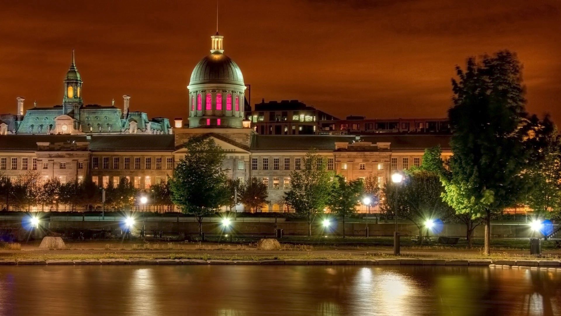 canada, montreal, buildings, evening, night, city lights