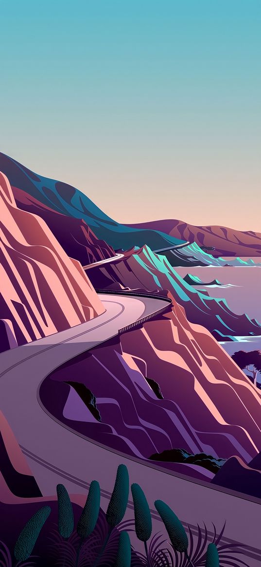 road, coast, landscape, vector, art