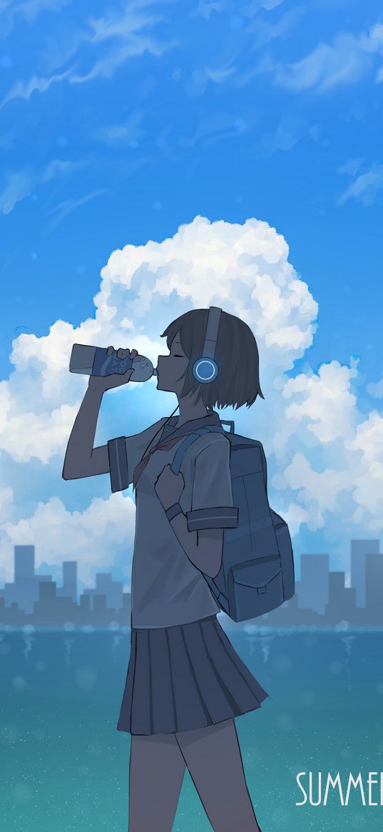 girl, bottle, headphones, backpack, summer, anime, art