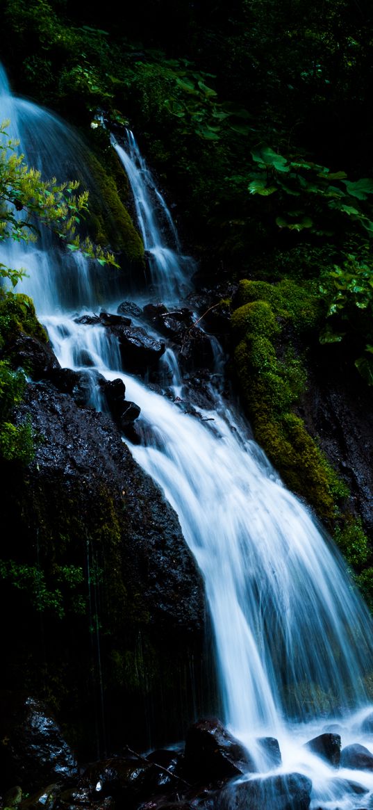 waterfall, cascade, stones, moss, nature