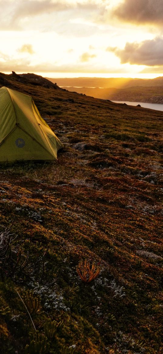 tent, hill, river, clouds, nature