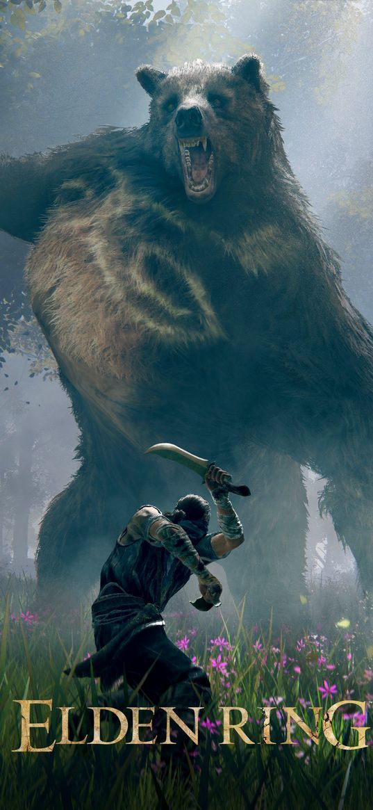 elden ring, game, warrior, sword, bear, monster, battle, forest, art