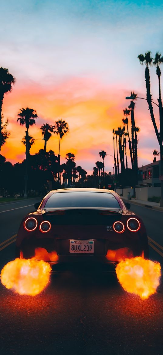 nissan gtr, nissan, sports car, red, exhaust, flame, road, palm trees, street, sunset