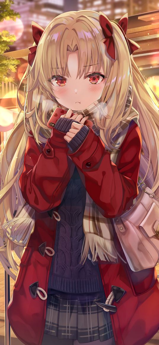 ereshkigal, fate, anime, girl, blonde, beautiful, cute, jacket, smartphone, street, art