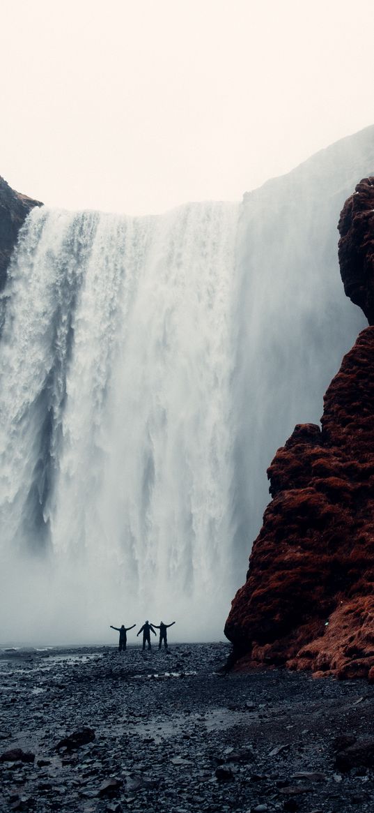 waterfall, rock, travelers, people, nature