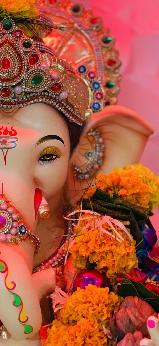 ganesha, elephant, god, flowers, jewelry, hinduism, religion