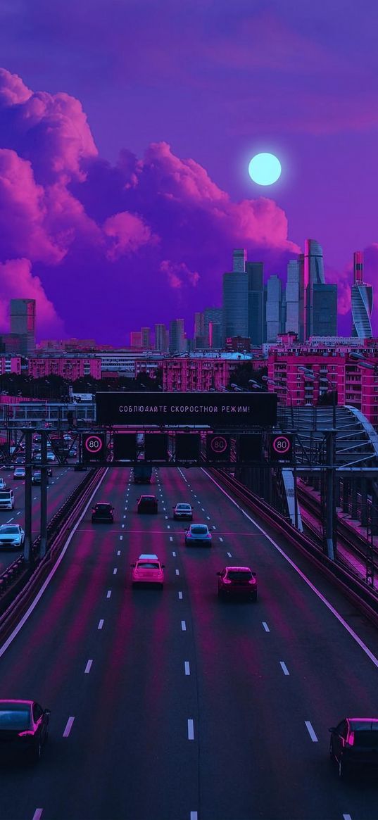 cars, highway, road, houses, city, clouds, moon, purple, sunset, evening