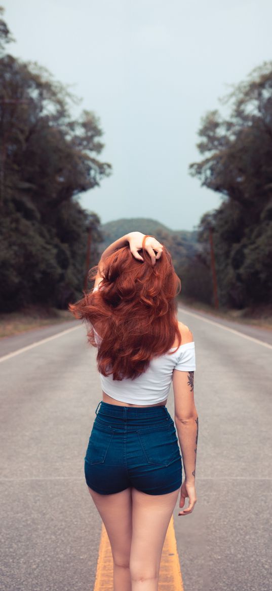 red, hair, girl, jeans, street, road, nature, beauty, beautiful