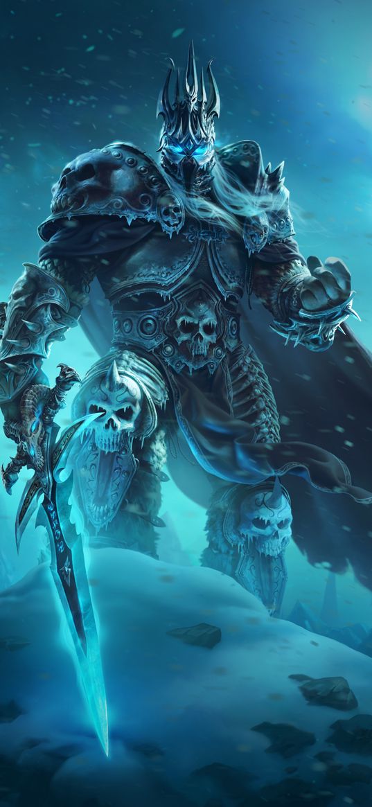 arthas, lich king, world of warcraft, game, knight, armor, sword, snow, winter