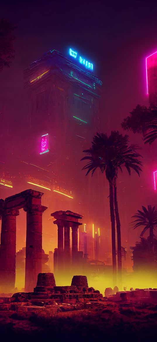 columns, ruins, neon, palm trees, cyberpunk