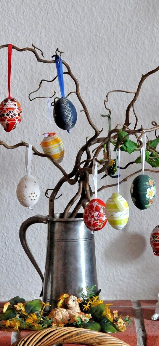 easter, holiday, branches, eggs, rabbit, bird, iron, bricks