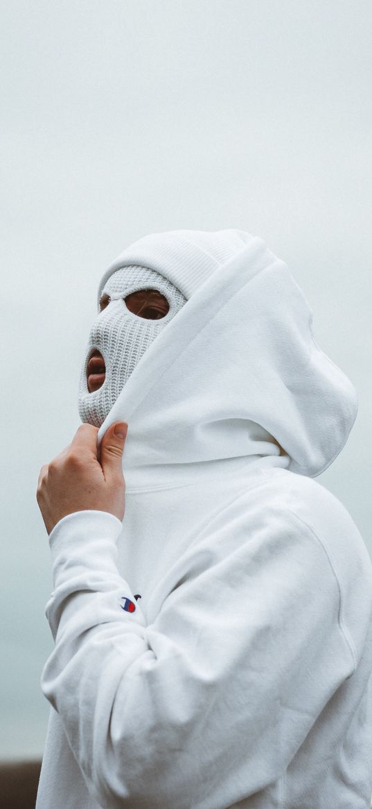 boy, mask, balaclava, hood, white