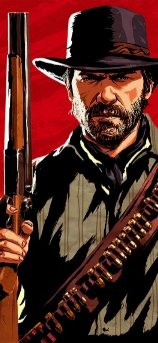 arthur morgan, red dead redemption, game, man, cowboy, gun, ammo, wild west, red background, art