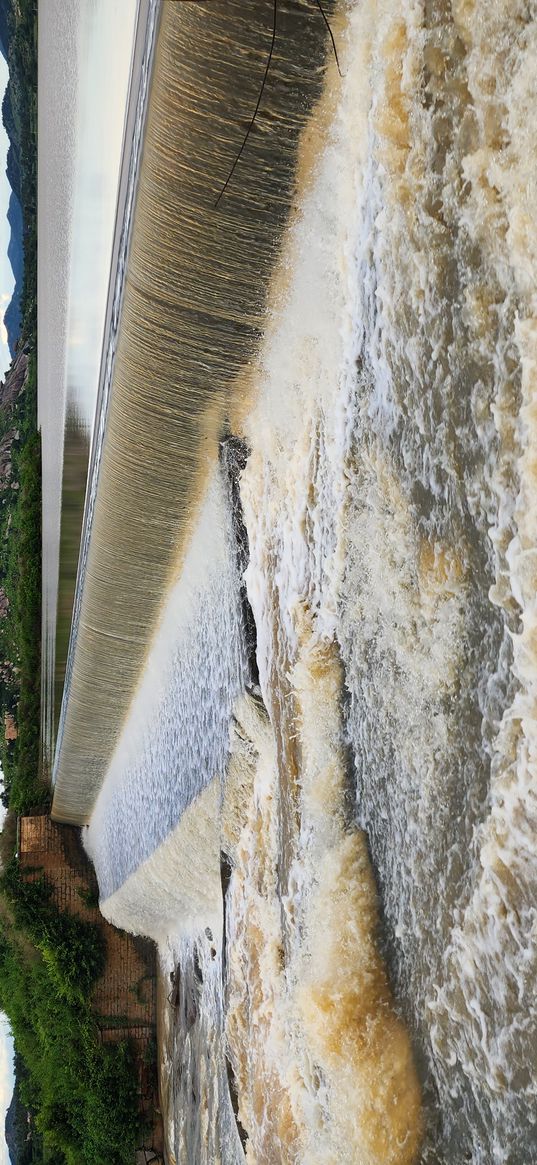 dam, waterfall, river, clouds, cloudy, sky, nature